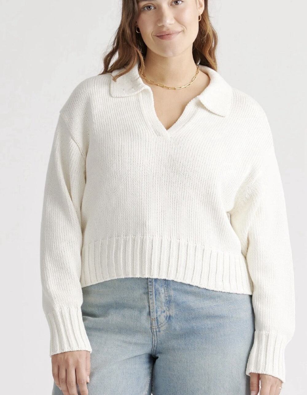 QUINCE 100% Organic Crop Cotton Polo Sweater Fisherman Pullover White M A010923